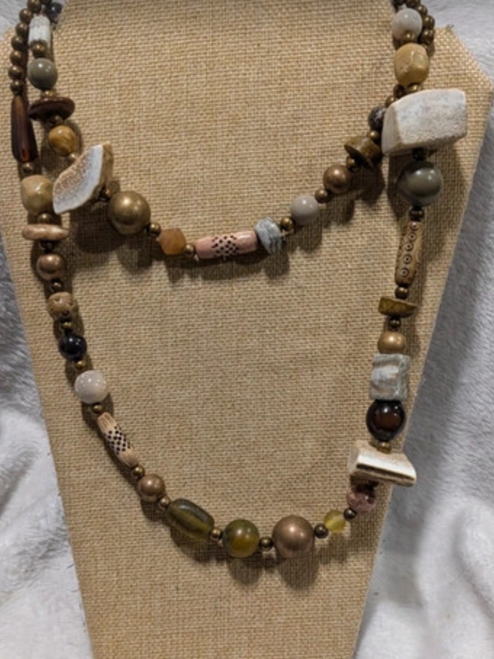 Boho Long  Earth-Tone Stone & Bead Statement Fashion Necklace